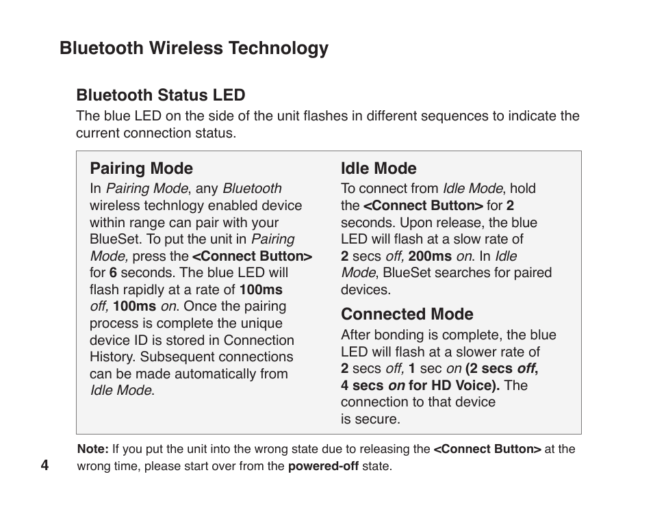 Bluetooth wireless technology, Pairing mode, Idle mode | Connected mode, Bluetooth status led | JK Audio BlueSet User Manual | Page 8 / 20