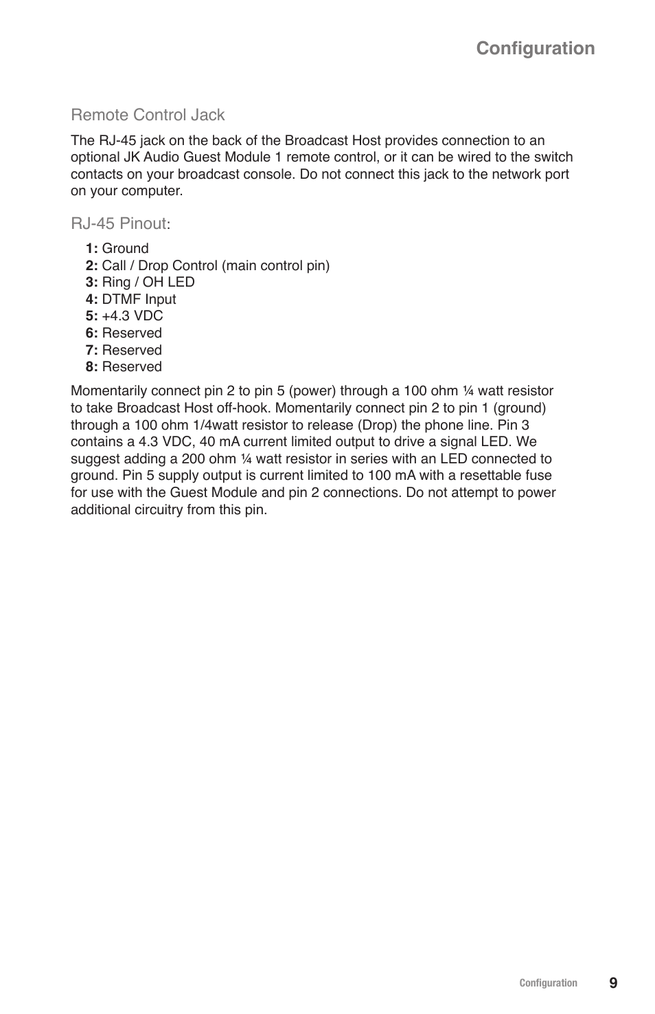 Configuration, Remote control jack, Rj-45 pinout | JK Audio Broadcast Host User Manual | Page 13 / 20
