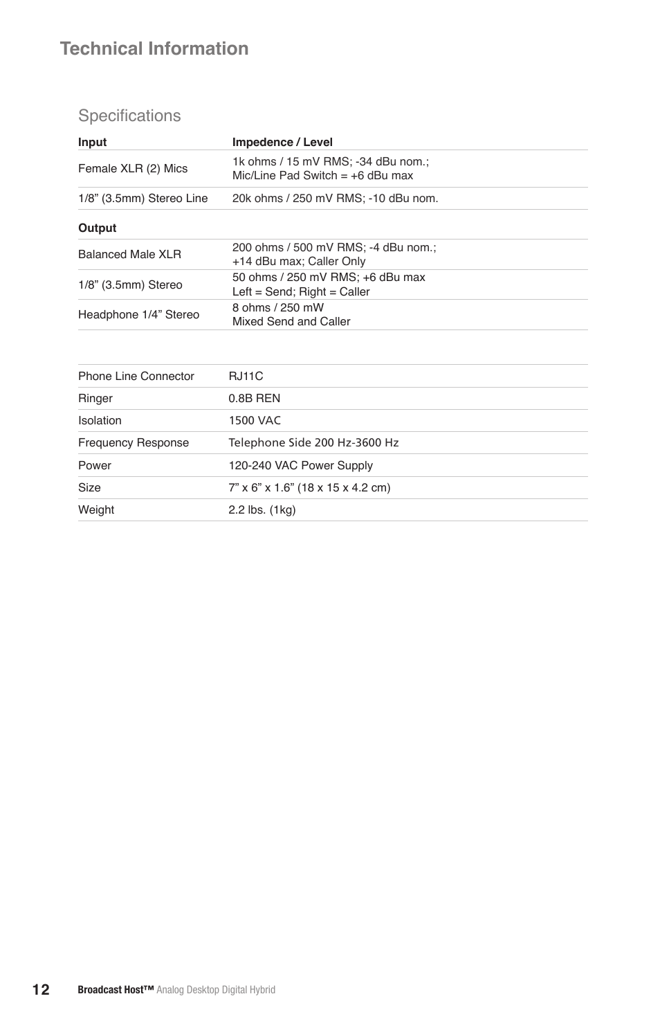 Technical information, Specifications | JK Audio Broadcast Host User Manual | Page 16 / 20