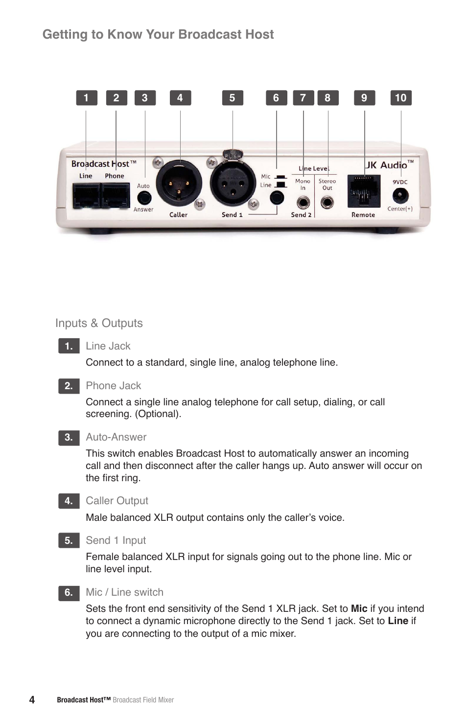 Getting to know your broadcast host, Inputs & outputs | JK Audio Broadcast Host User Manual | Page 8 / 20