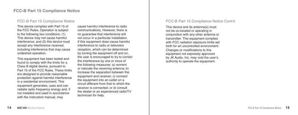 Fcc-b part 15 compliance notice | JK Audio BSET-HS1 User Manual | Page 10 / 11