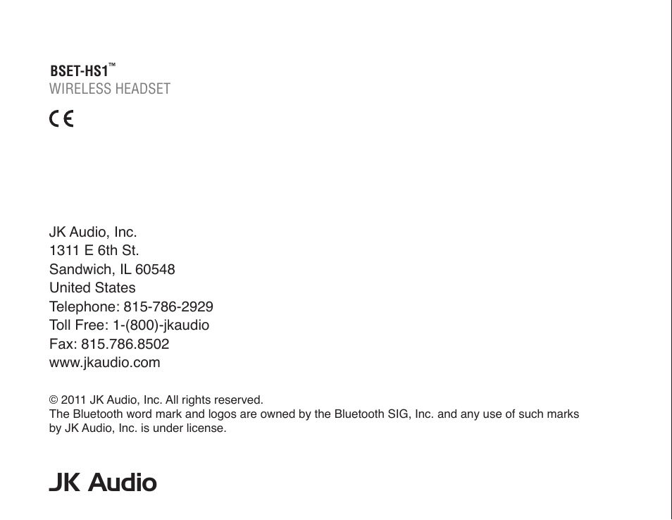 Jk audio | JK Audio BSET-HS1 User Manual | Page 11 / 11