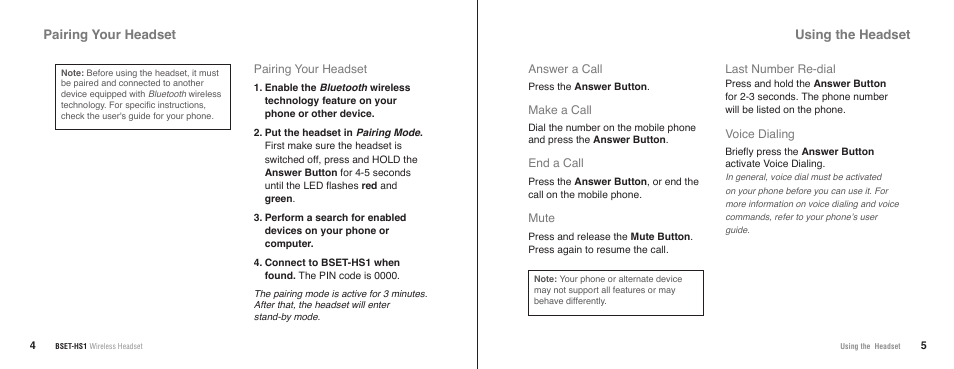 Pairing your headset using the headset | JK Audio BSET-HS1 User Manual | Page 5 / 11