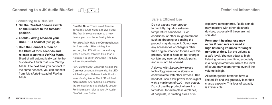 Connecting to a jk audio blueset, Technical information, Connecting to a blueset | Safe & efficient use | JK Audio BSET-HS1 User Manual | Page 7 / 11