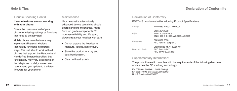 Declaration of conformity, Help & tips, Trouble shooting cont'd | Maintenance | JK Audio BSET-HS1 User Manual | Page 9 / 11
