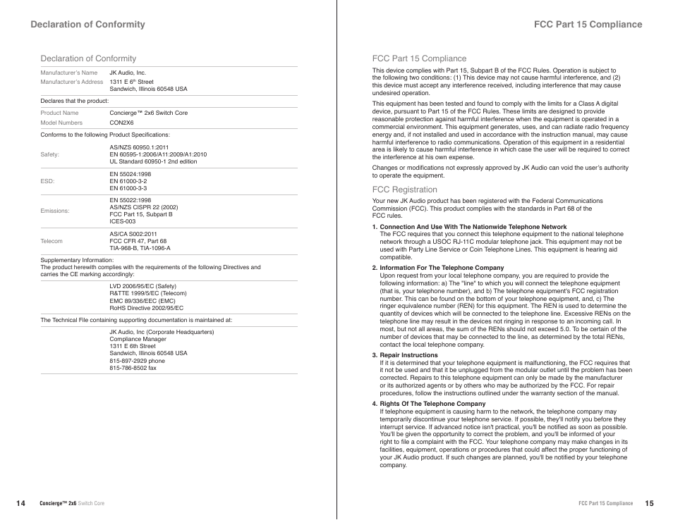 Fcc part 15, Compliance declaration of conformity | JK Audio Concierge 2x6 User Manual | Page 10 / 11