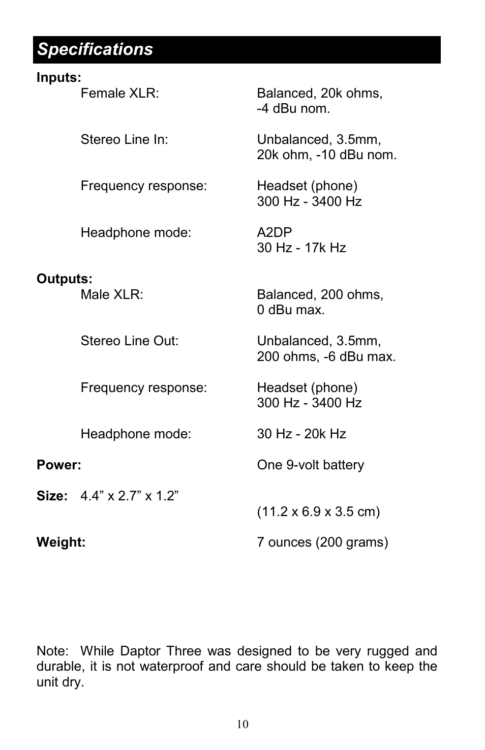 Specifications | JK Audio Daptor Three User Manual | Page 10 / 12