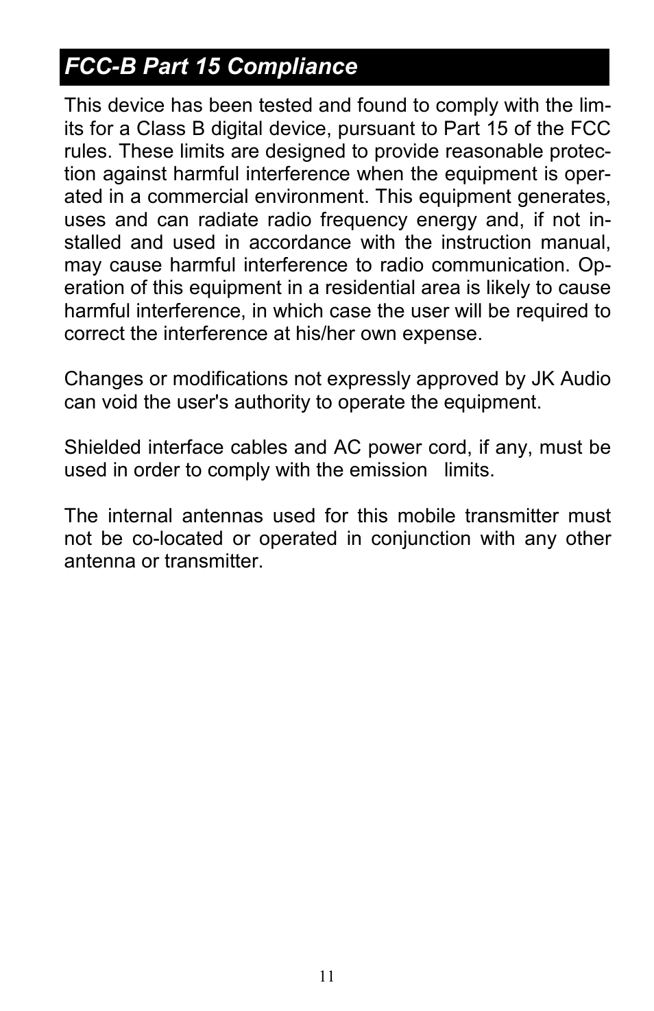 Fcc-b part 15 compliance | JK Audio Daptor Three User Manual | Page 11 / 12