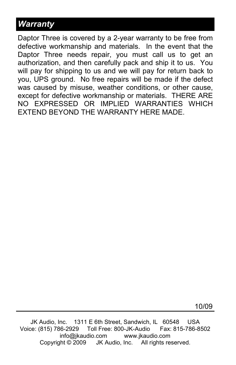 Warranty | JK Audio Daptor Three User Manual | Page 12 / 12