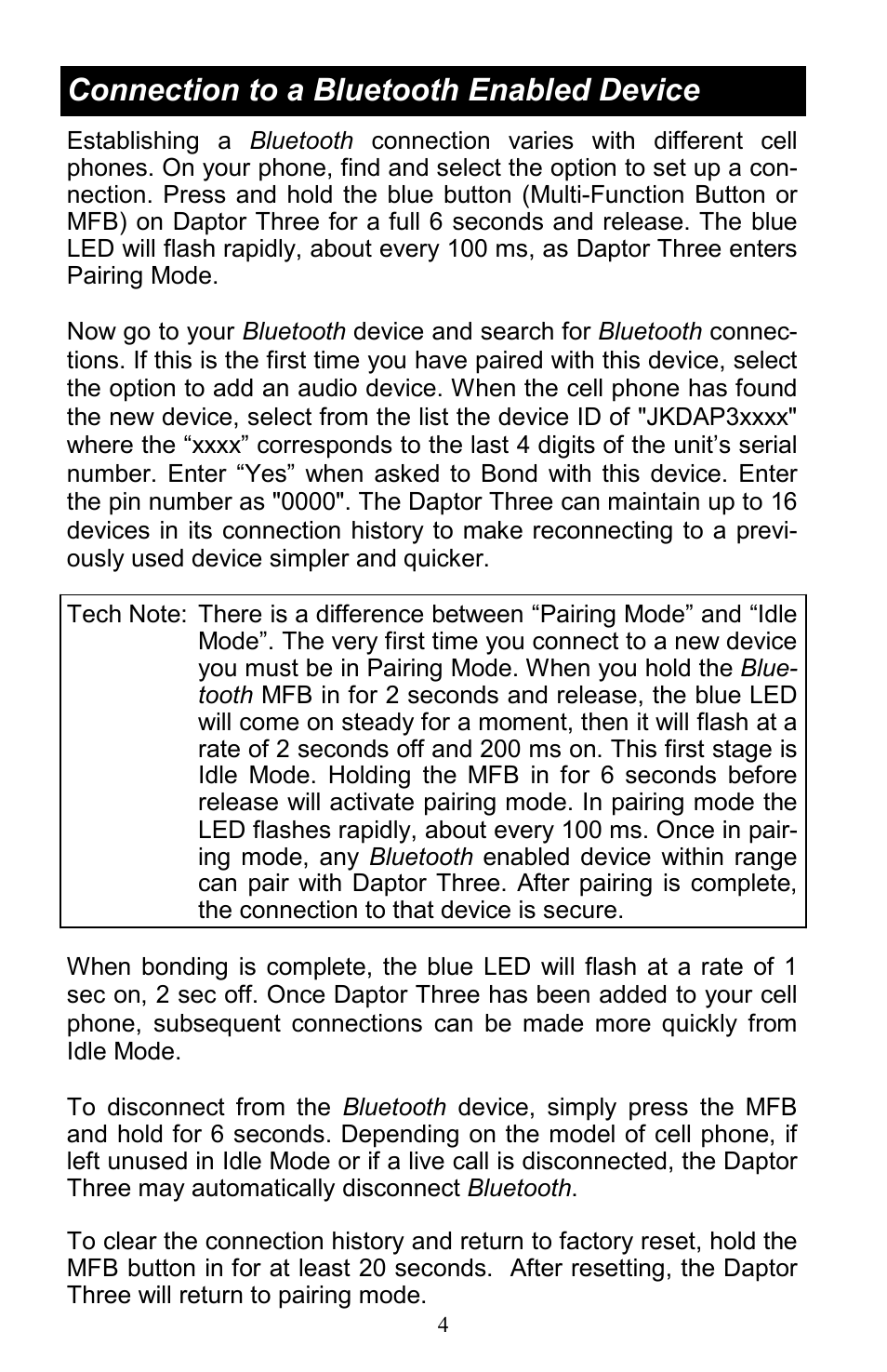 Connection to a bluetooth enabled device | JK Audio Daptor Three User Manual | Page 4 / 12