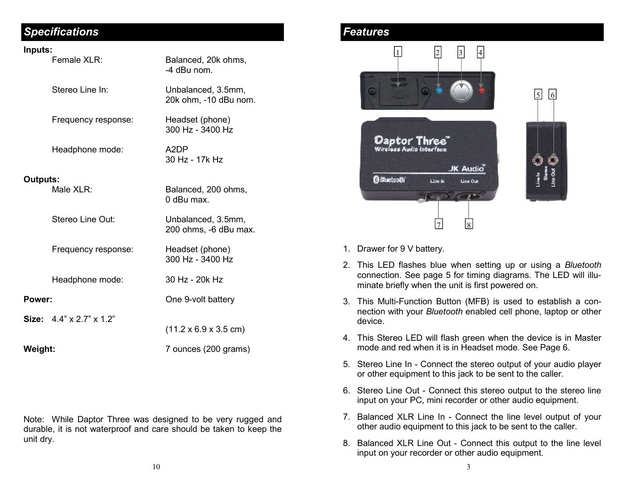 Specifications, Features | JK Audio Daptor Three User Manual | Page 3 / 6