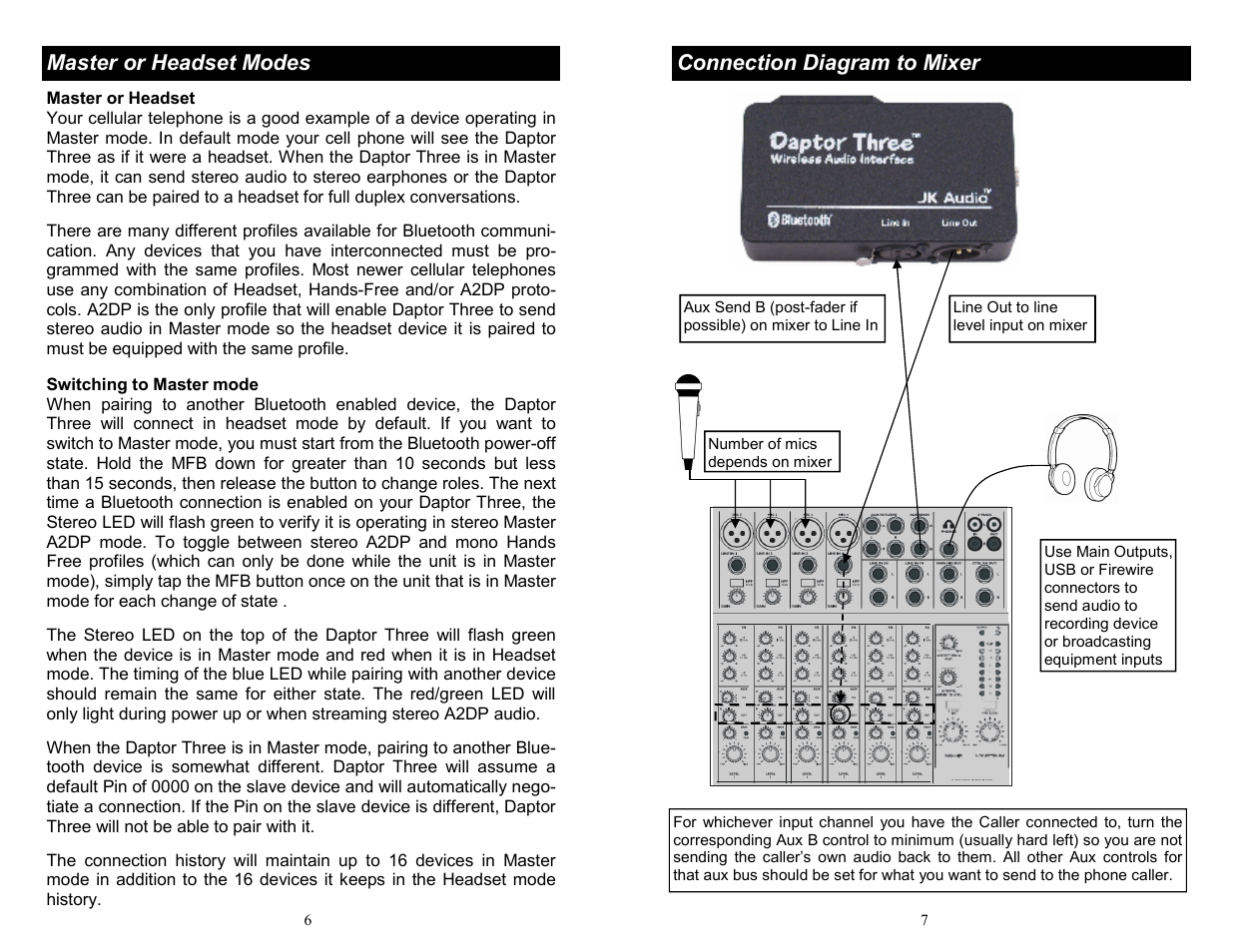 Master or headset modes, Connection diagram to mixer | JK Audio Daptor Three User Manual | Page 6 / 6