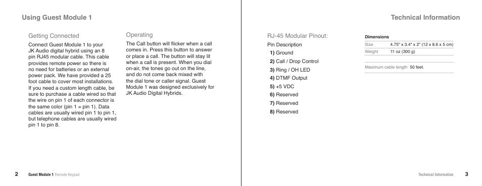 Using guest module 1 technical information | JK Audio Guest Module 1 User Manual | Page 4 / 5