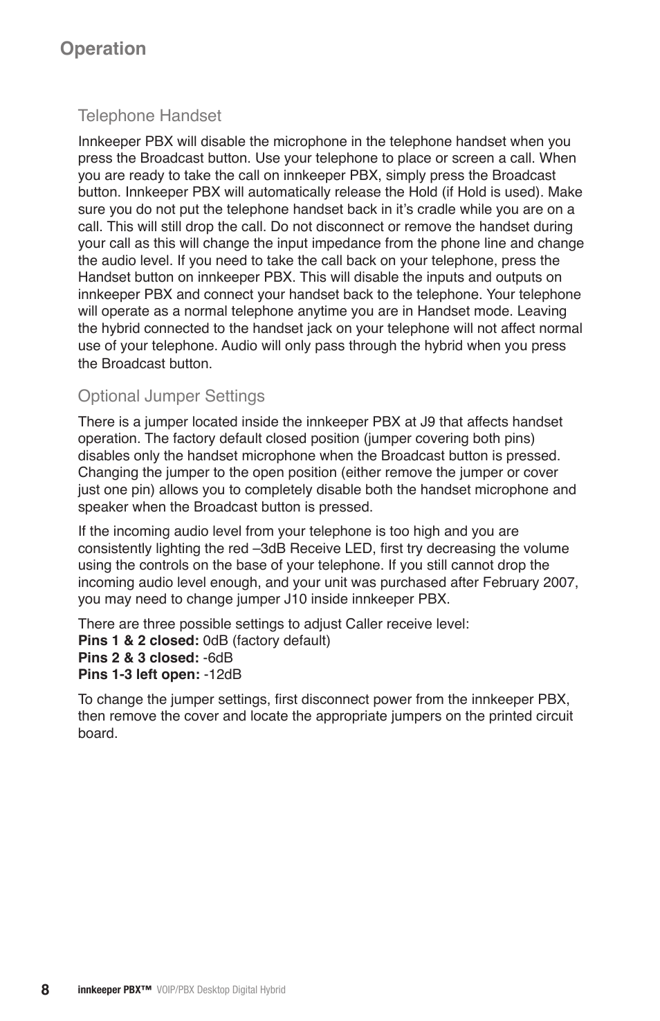 Operation, Telephone handset, Optional jumper settings | JK Audio innkeeper PBX User Manual | Page 12 / 20