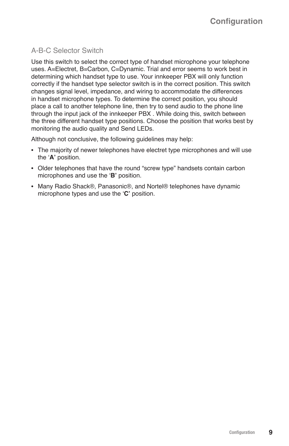 Configuration, A-b-c selector switch | JK Audio innkeeper PBX User Manual | Page 13 / 20