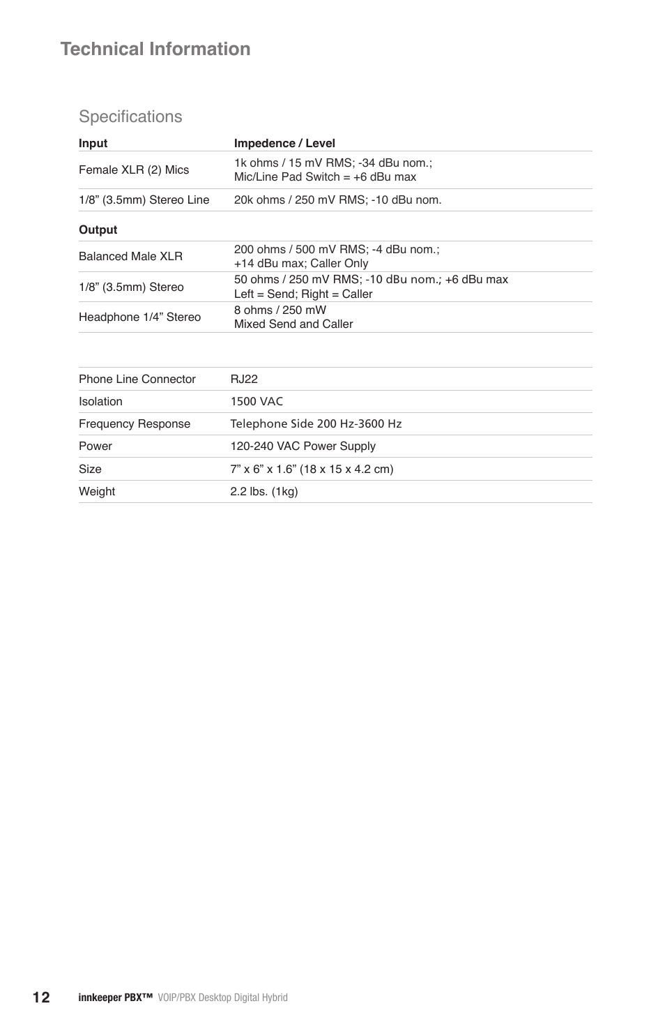 Technical information, Specifications | JK Audio innkeeper PBX User Manual | Page 16 / 20