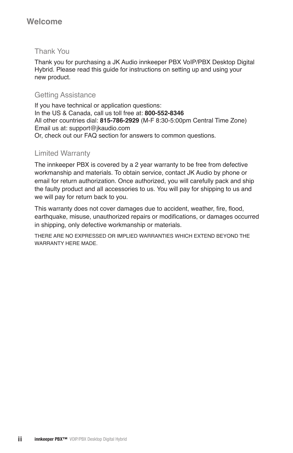 Welcome, Getting assistance, Limited warranty | JK Audio innkeeper PBX User Manual | Page 2 / 20