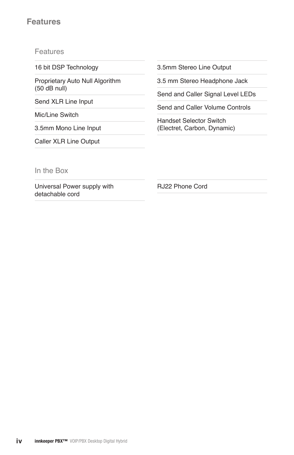 Features, Features in the box | JK Audio innkeeper PBX User Manual | Page 4 / 20