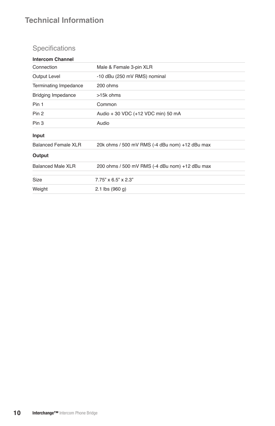 Technical information, Specifications | JK Audio Interchange User Manual | Page 14 / 16