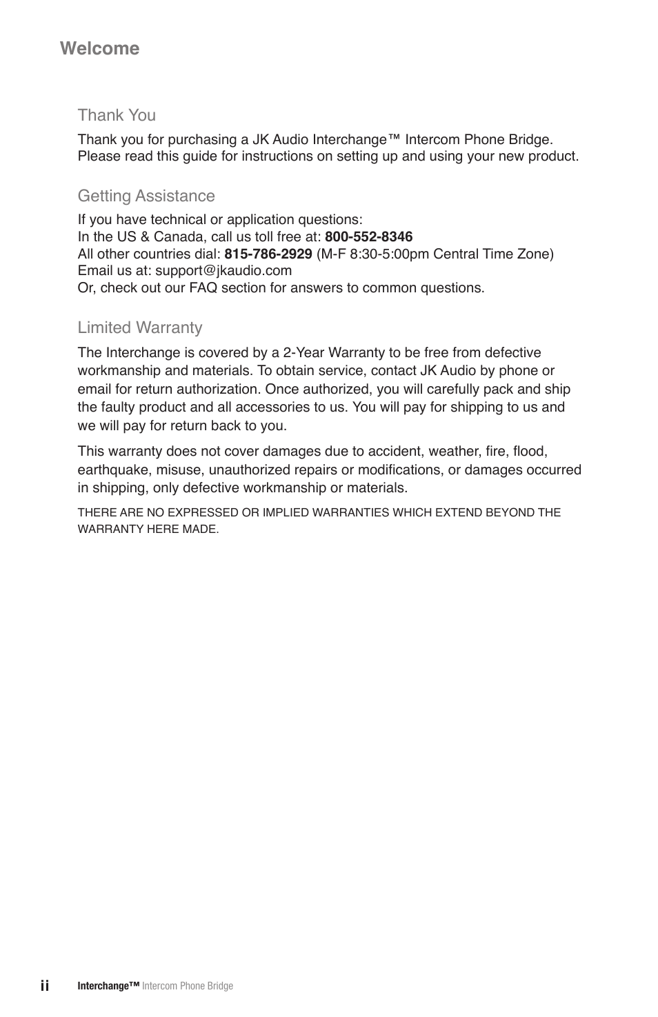 Welcome, Getting assistance, Limited warranty | JK Audio Interchange User Manual | Page 2 / 16