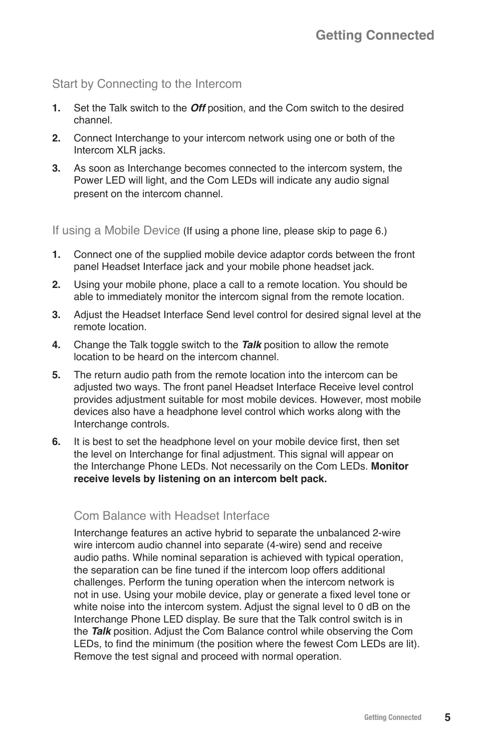 Getting connected, Start by connecting to the intercom, If using a mobile device | Com balance with headset interface | JK Audio Interchange User Manual | Page 9 / 16