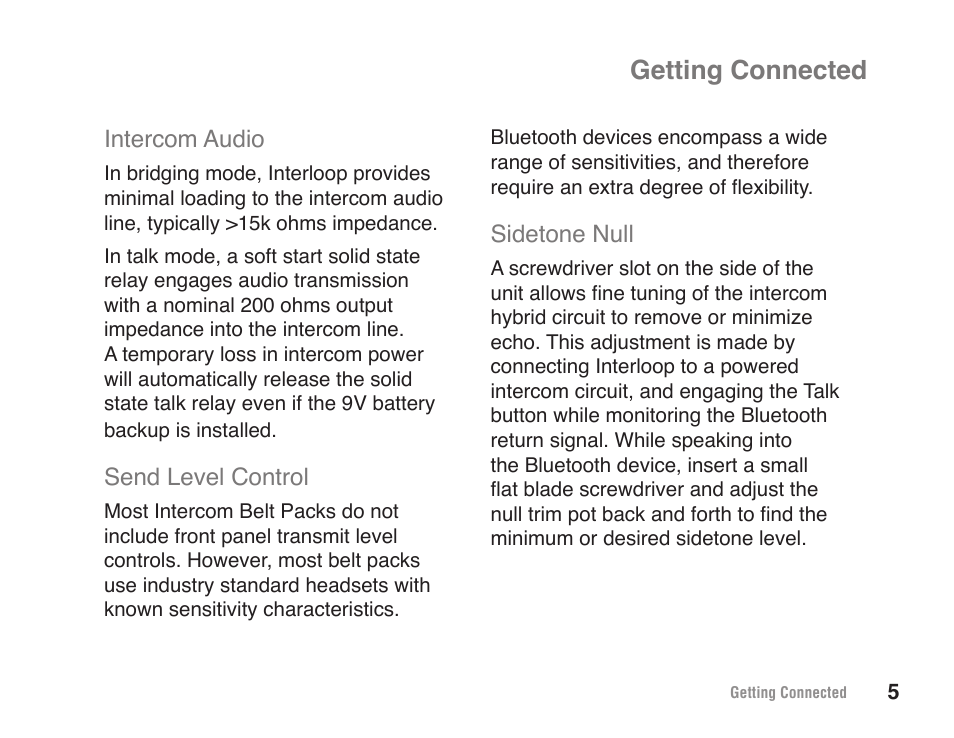 Getting connected, Sidetone null, Intercom audio | Send level control | JK Audio Interloop User Manual | Page 11 / 24