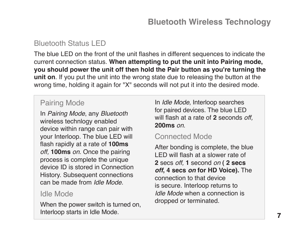 Bluetooth wireless technology, Pairing mode, Idle mode | Connected mode, Bluetooth status led | JK Audio Interloop User Manual | Page 13 / 24