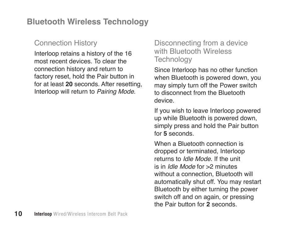 Bluetooth wireless technology, Connection history | JK Audio Interloop User Manual | Page 16 / 24