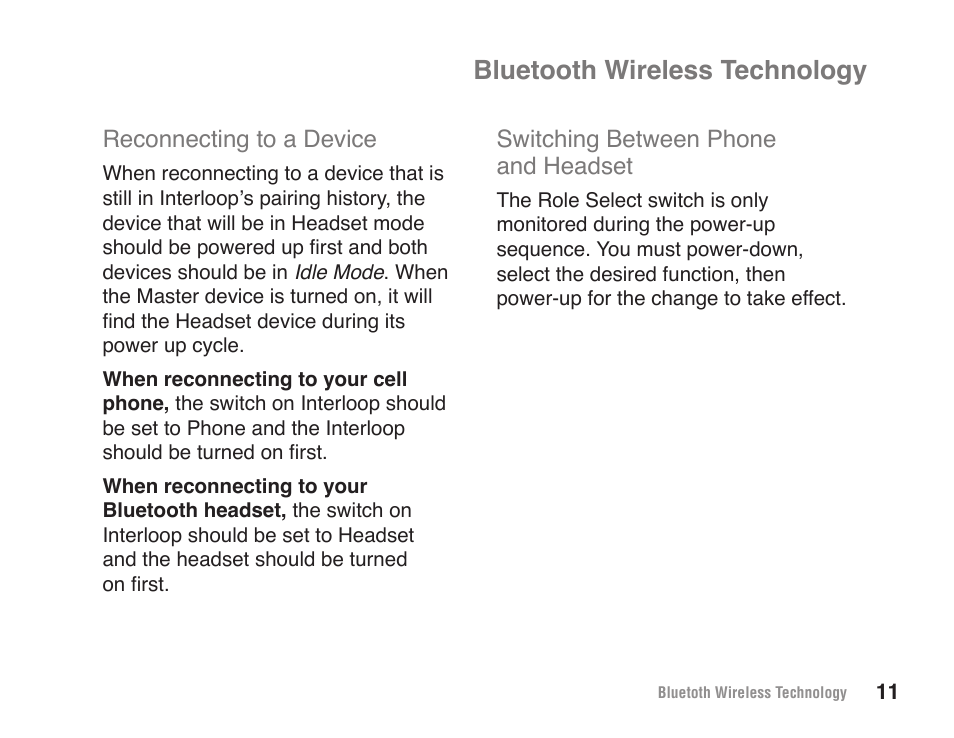 Bluetooth wireless technology, Reconnecting to a device, Switching between phone and headset | JK Audio Interloop User Manual | Page 17 / 24