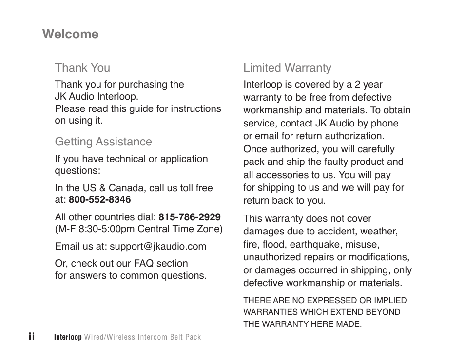 Welcome, Getting assistance, Limited warranty | JK Audio Interloop User Manual | Page 2 / 24