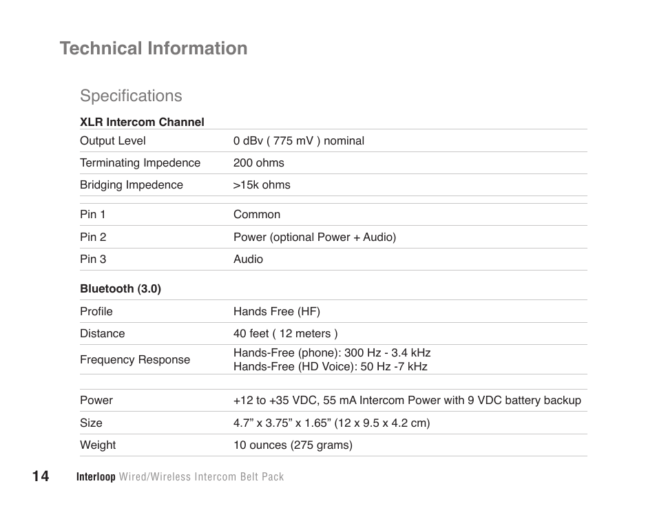 Technical information, Specifications | JK Audio Interloop User Manual | Page 20 / 24