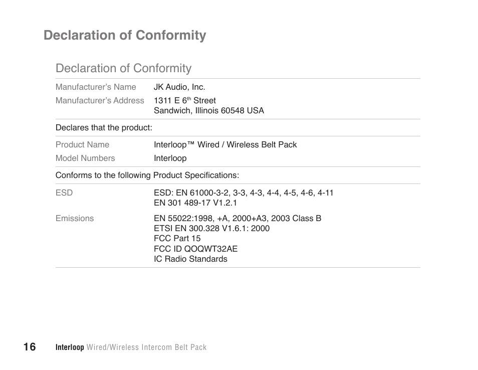 Declaration of conformity | JK Audio Interloop User Manual | Page 22 / 24