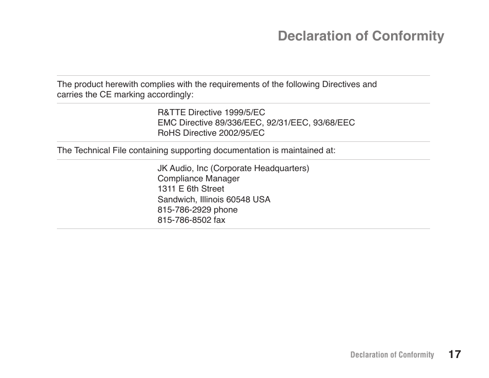 Declaration of conformity | JK Audio Interloop User Manual | Page 23 / 24