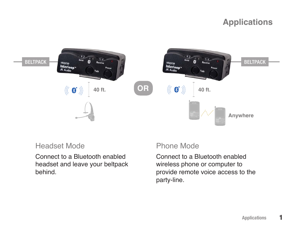 Applications, Headset mode, Phone mode | JK Audio Interloop User Manual | Page 7 / 24