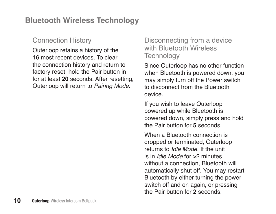 Bluetooth wireless technology, Connection history | JK Audio Outerloop User Manual | Page 16 / 24