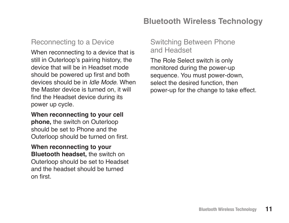 Bluetooth wireless technology, Reconnecting to a device, Switching between phone and headset | JK Audio Outerloop User Manual | Page 17 / 24