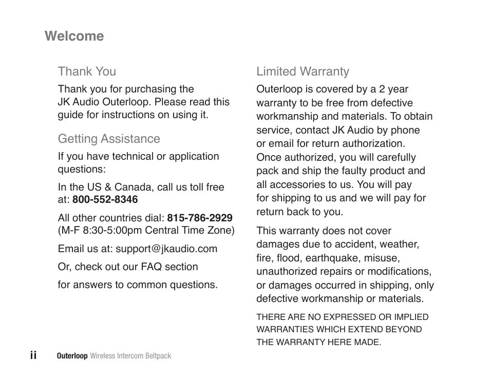 Welcome, Getting assistance, Limited warranty | JK Audio Outerloop User Manual | Page 2 / 24