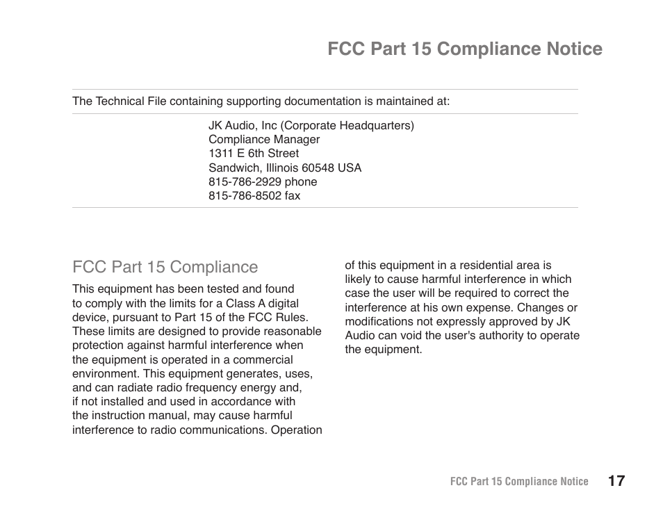 Fcc part 15 compliance notice, Fcc part 15 compliance | JK Audio Outerloop User Manual | Page 23 / 24