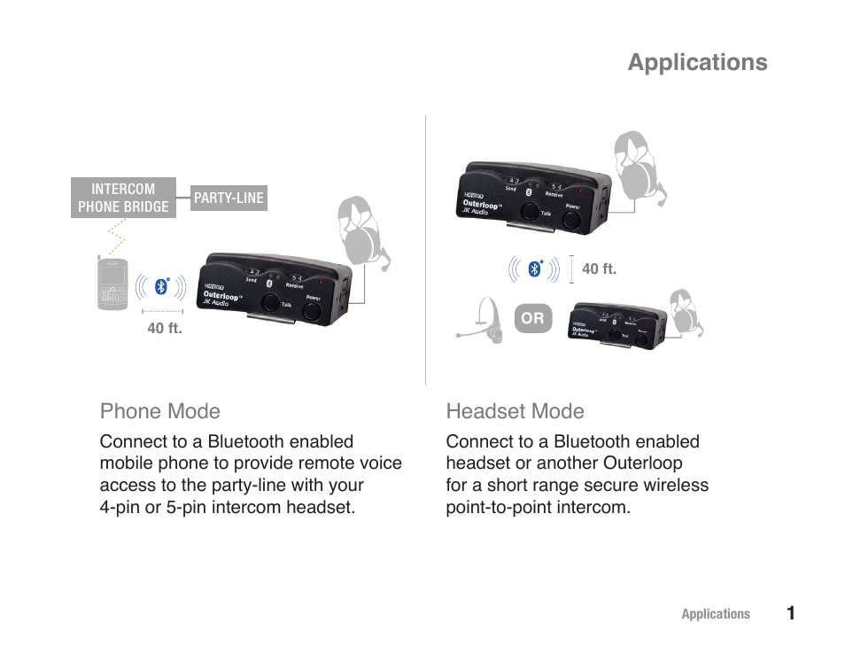 Applications, Phone mode, Headset mode | JK Audio Outerloop User Manual | Page 7 / 24