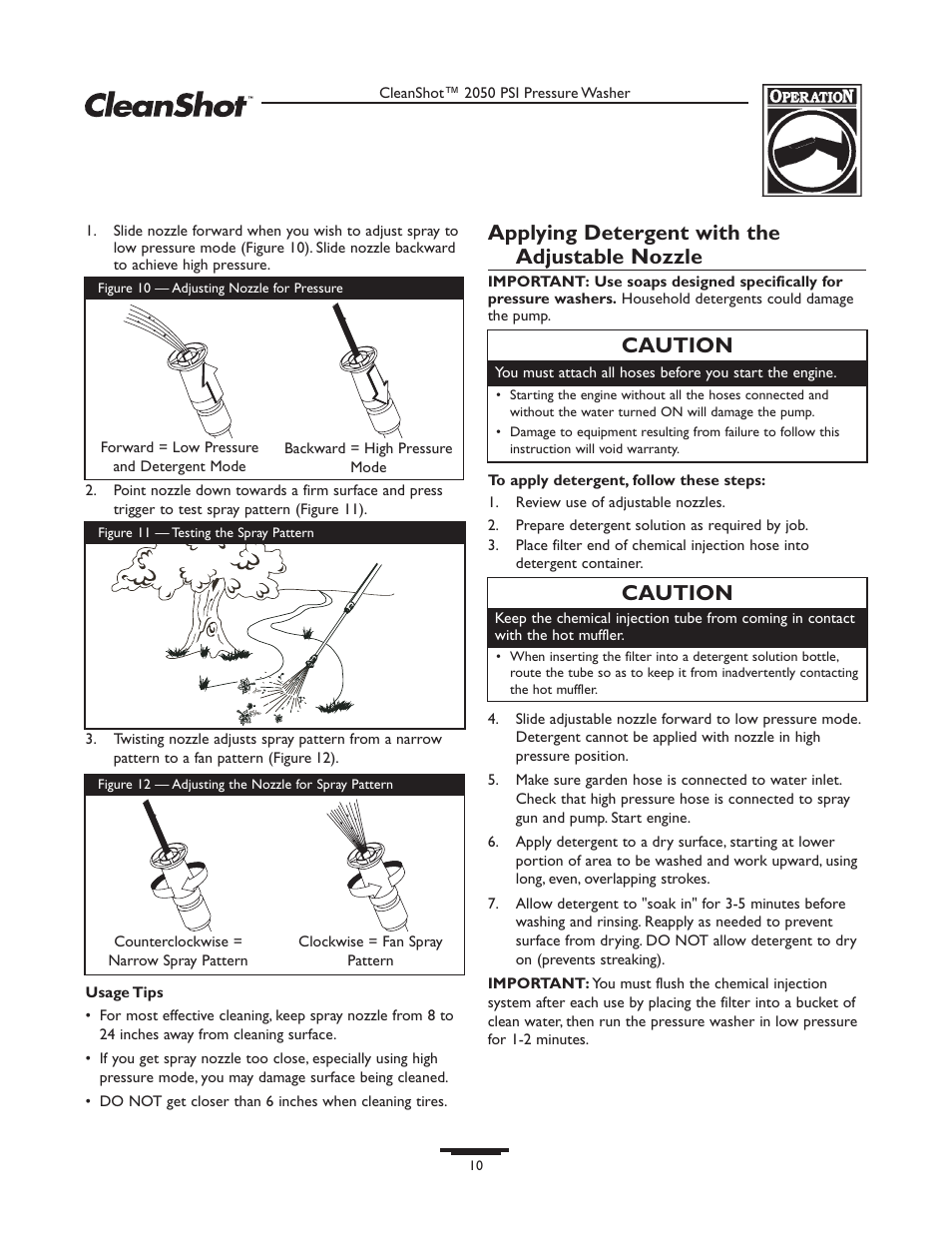 Applying detergent with the adjustable nozzle, Caution | Briggs & Stratton CleanShot 020244-0 User Manual | Page 10 / 32