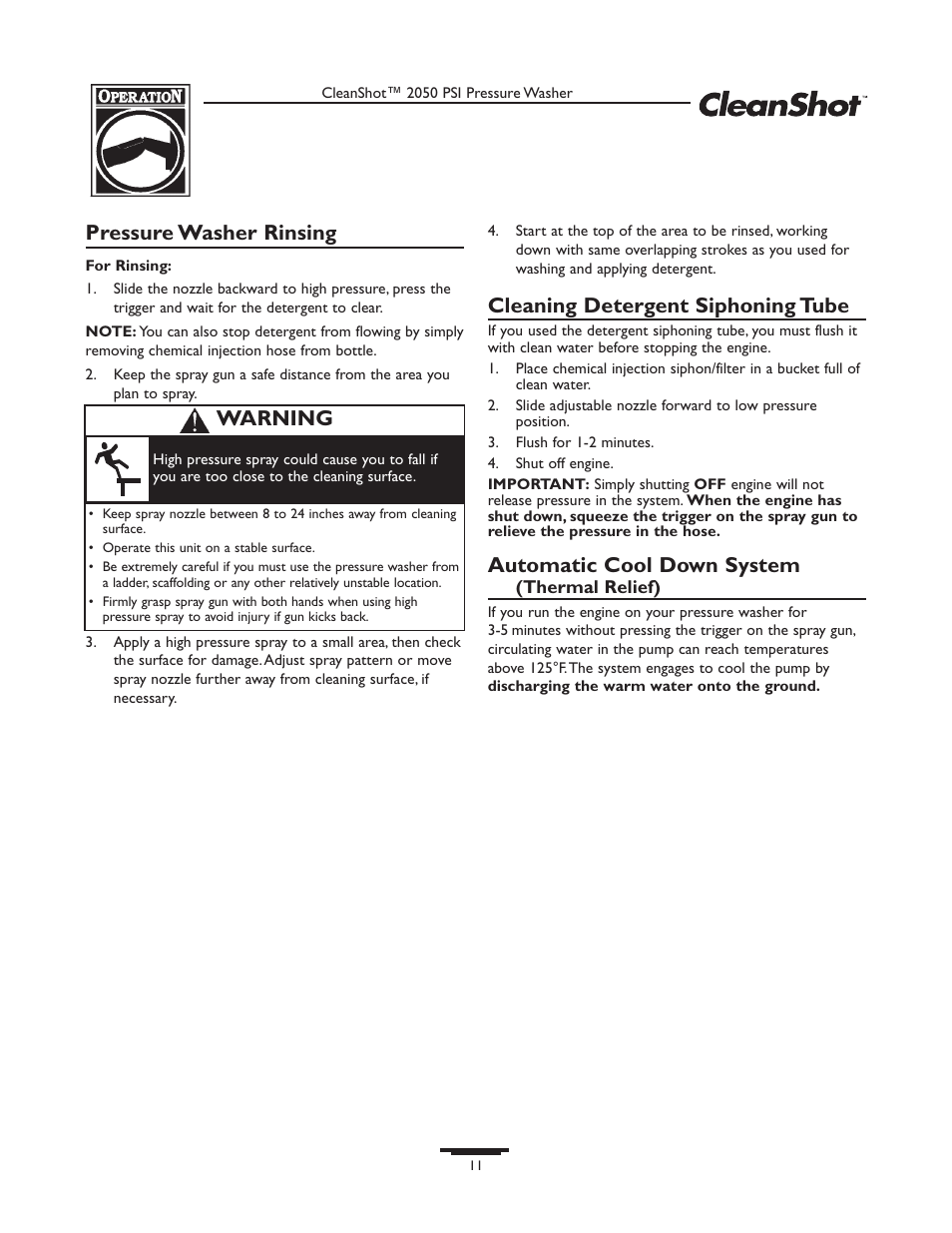 Pressure washer rinsing, Cleaning detergent siphoning tube, Automatic cool down system | Warning | Briggs & Stratton CleanShot 020244-0 User Manual | Page 11 / 32