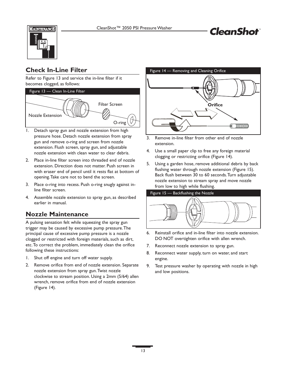 Check in-line filter, Nozzle maintenance | Briggs & Stratton CleanShot 020244-0 User Manual | Page 13 / 32