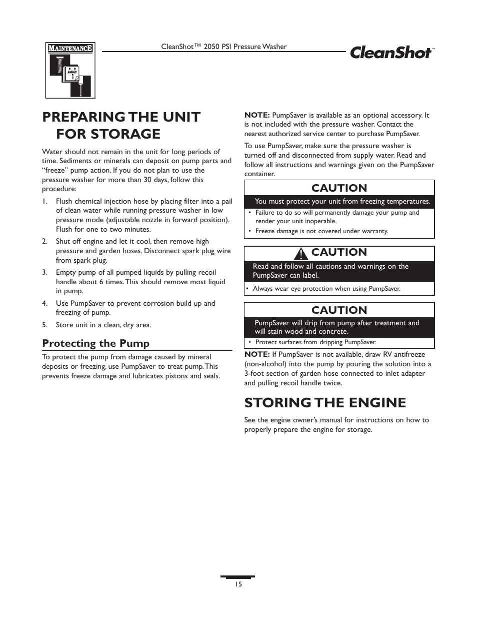 Preparing the unit for storage, Storing the engine, Protecting the pump | Caution | Briggs & Stratton CleanShot 020244-0 User Manual | Page 15 / 32