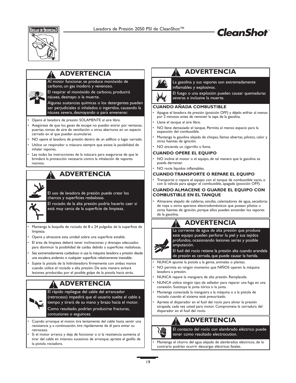 Advertencia | Briggs & Stratton CleanShot 020244-0 User Manual | Page 19 / 32