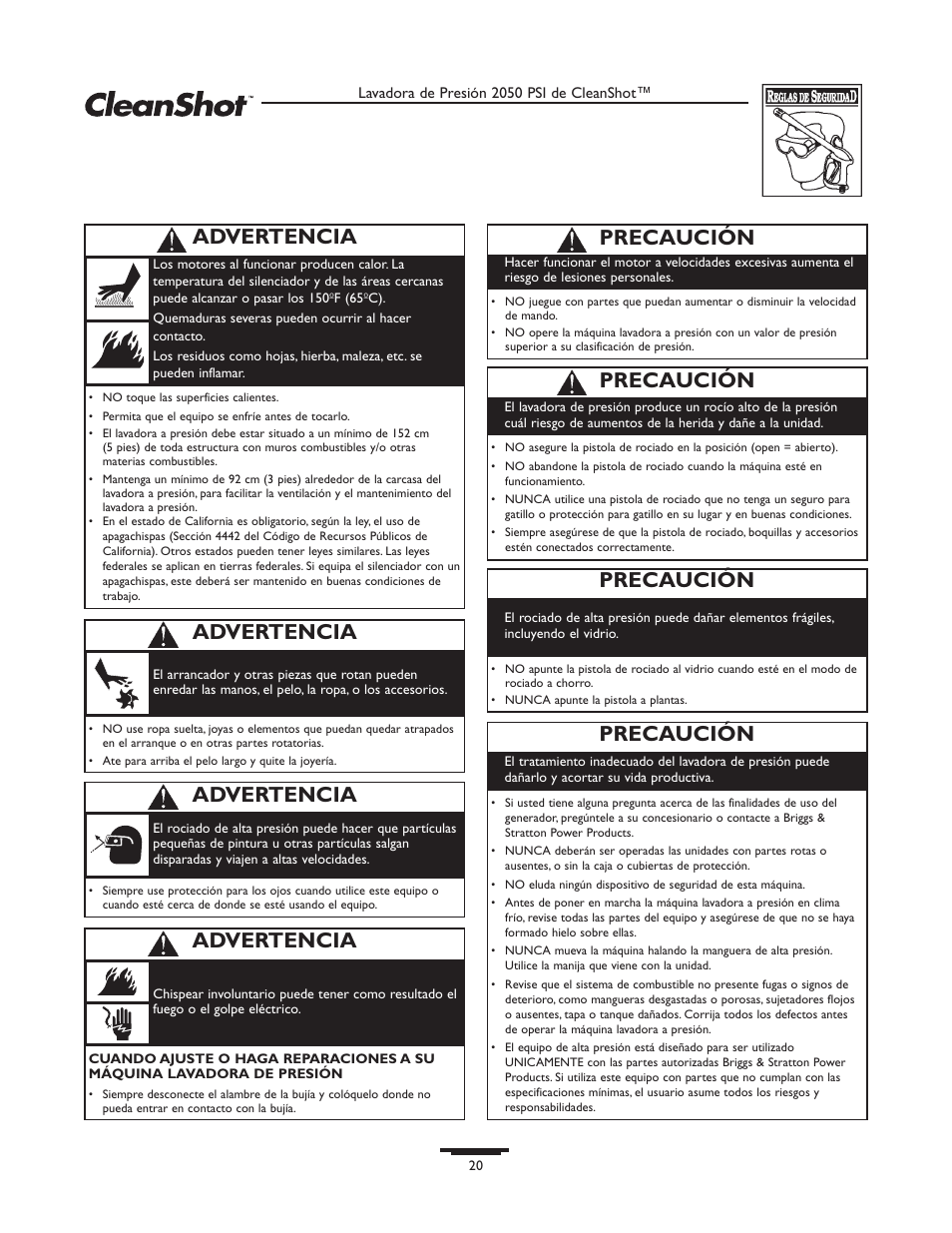 Precaución, Advertencia | Briggs & Stratton CleanShot 020244-0 User Manual | Page 20 / 32