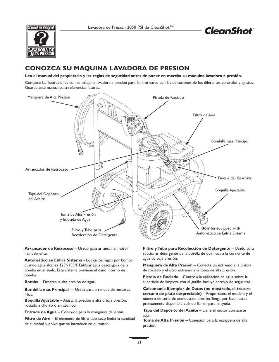 Conozca su maquina lavadora de presion | Briggs & Stratton CleanShot 020244-0 User Manual | Page 21 / 32