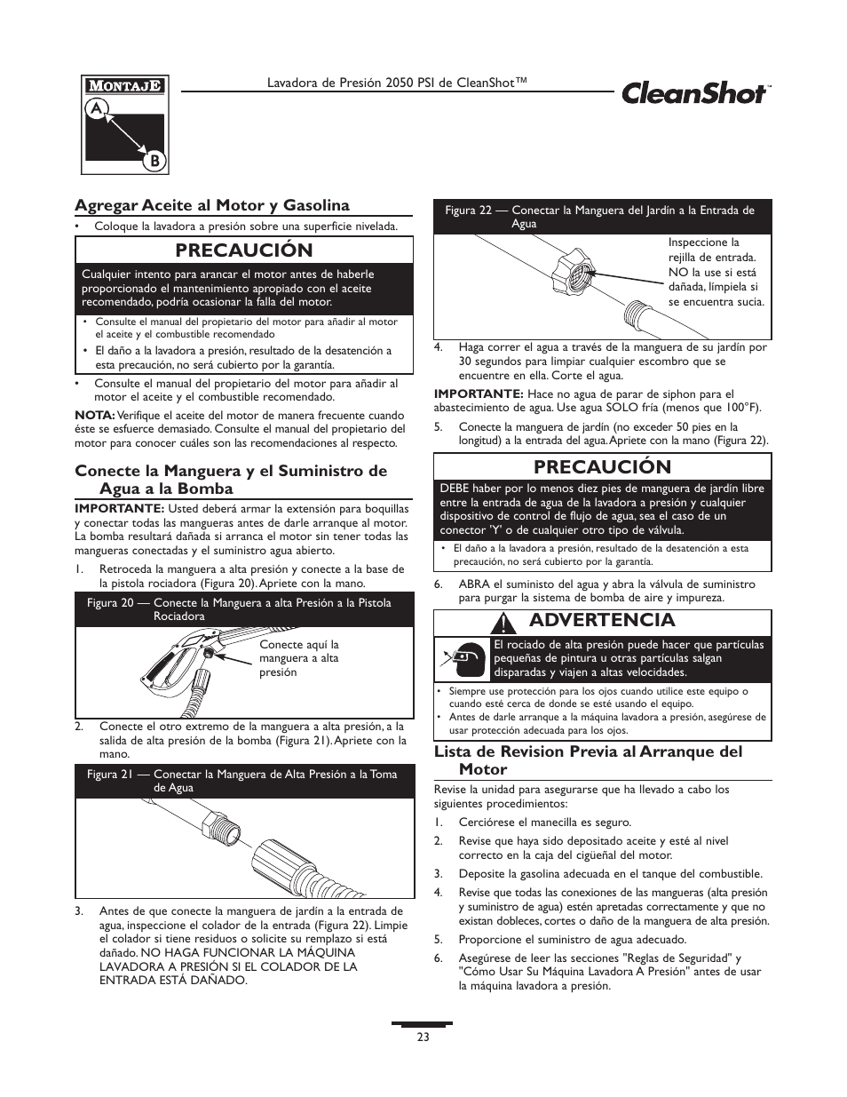 Precaución, Advertencia, Agregar aceite al motor y gasolina | Lista de revision previa al arranque del motor | Briggs & Stratton CleanShot 020244-0 User Manual | Page 23 / 32