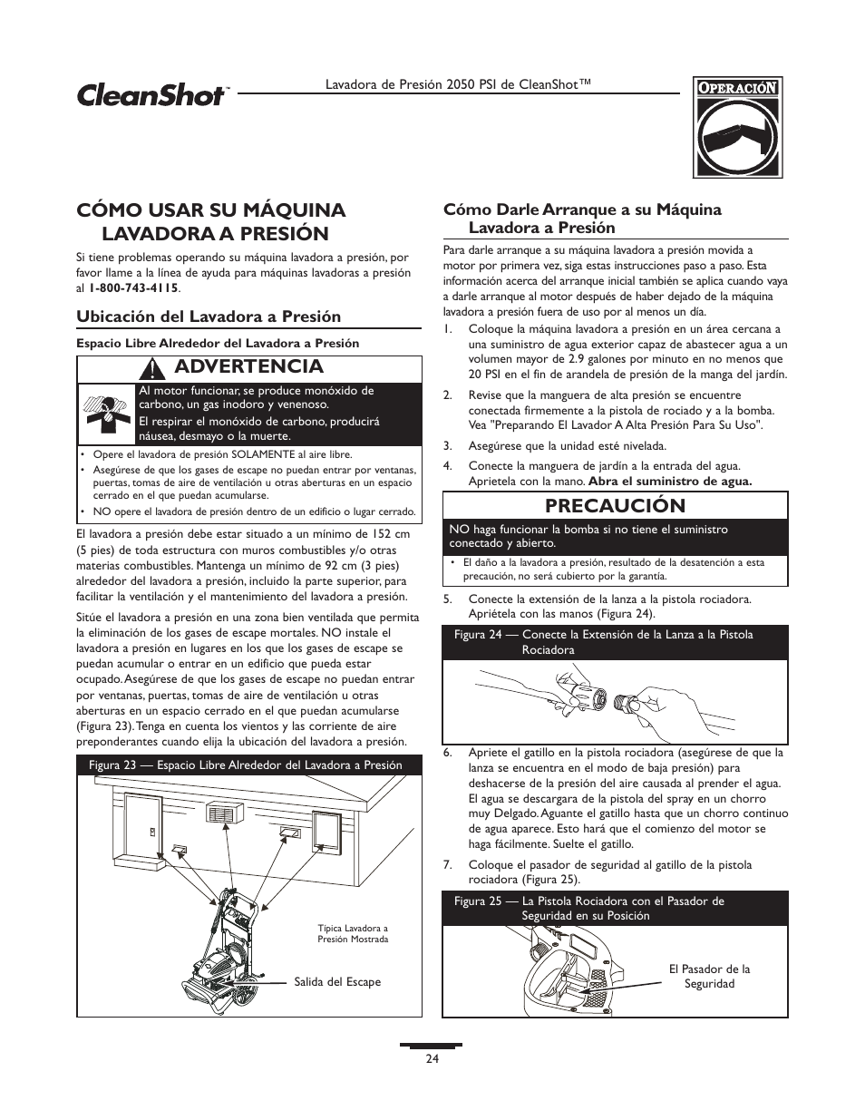 Cómo usar su máquina lavadora a presión, Precaución, Advertencia | Briggs & Stratton CleanShot 020244-0 User Manual | Page 24 / 32