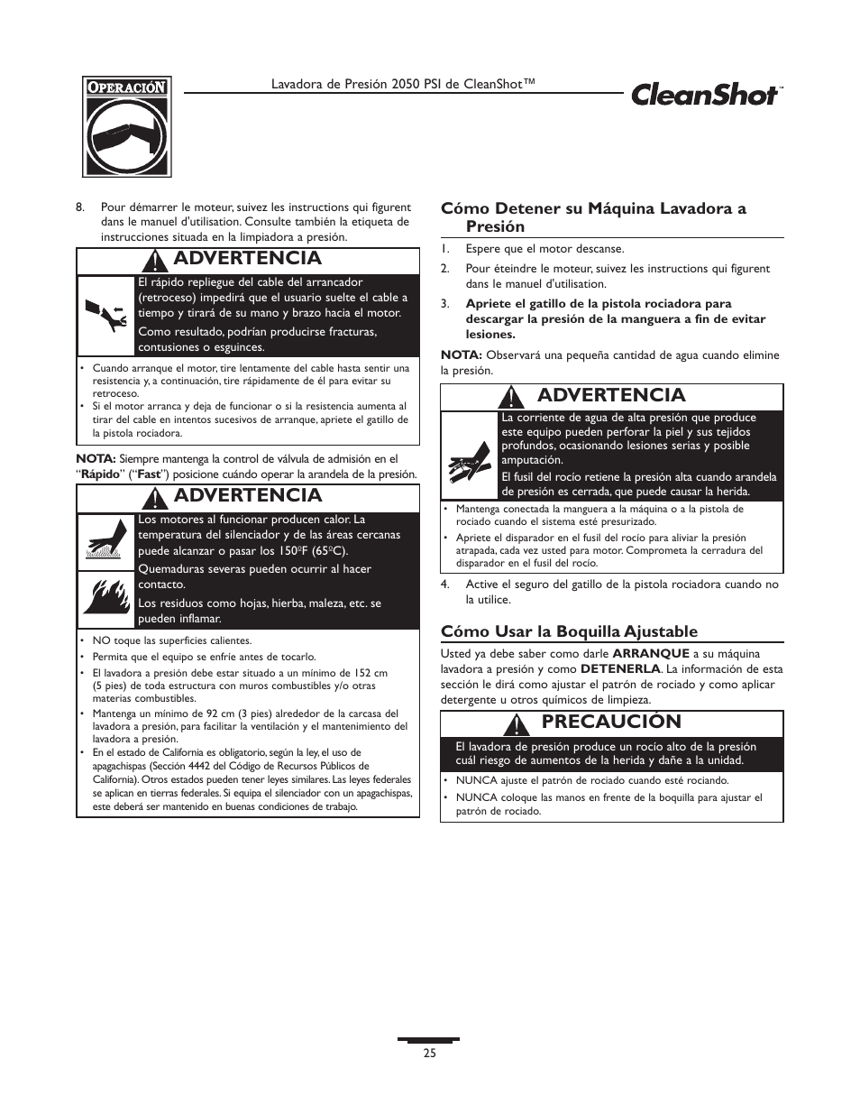 Precaución, Advertencia, Cómo detener su máquina lavadora a presión | Cómo usar la boquilla ajustable | Briggs & Stratton CleanShot 020244-0 User Manual | Page 25 / 32