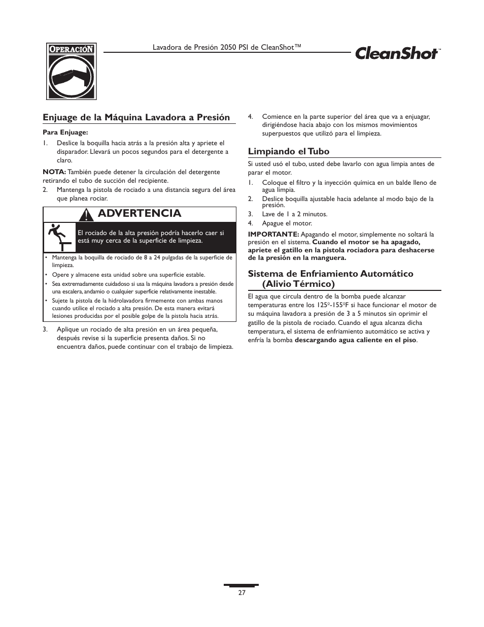 Advertencia, Enjuage de la máquina lavadora a presión, Limpiando el tubo | Briggs & Stratton CleanShot 020244-0 User Manual | Page 27 / 32